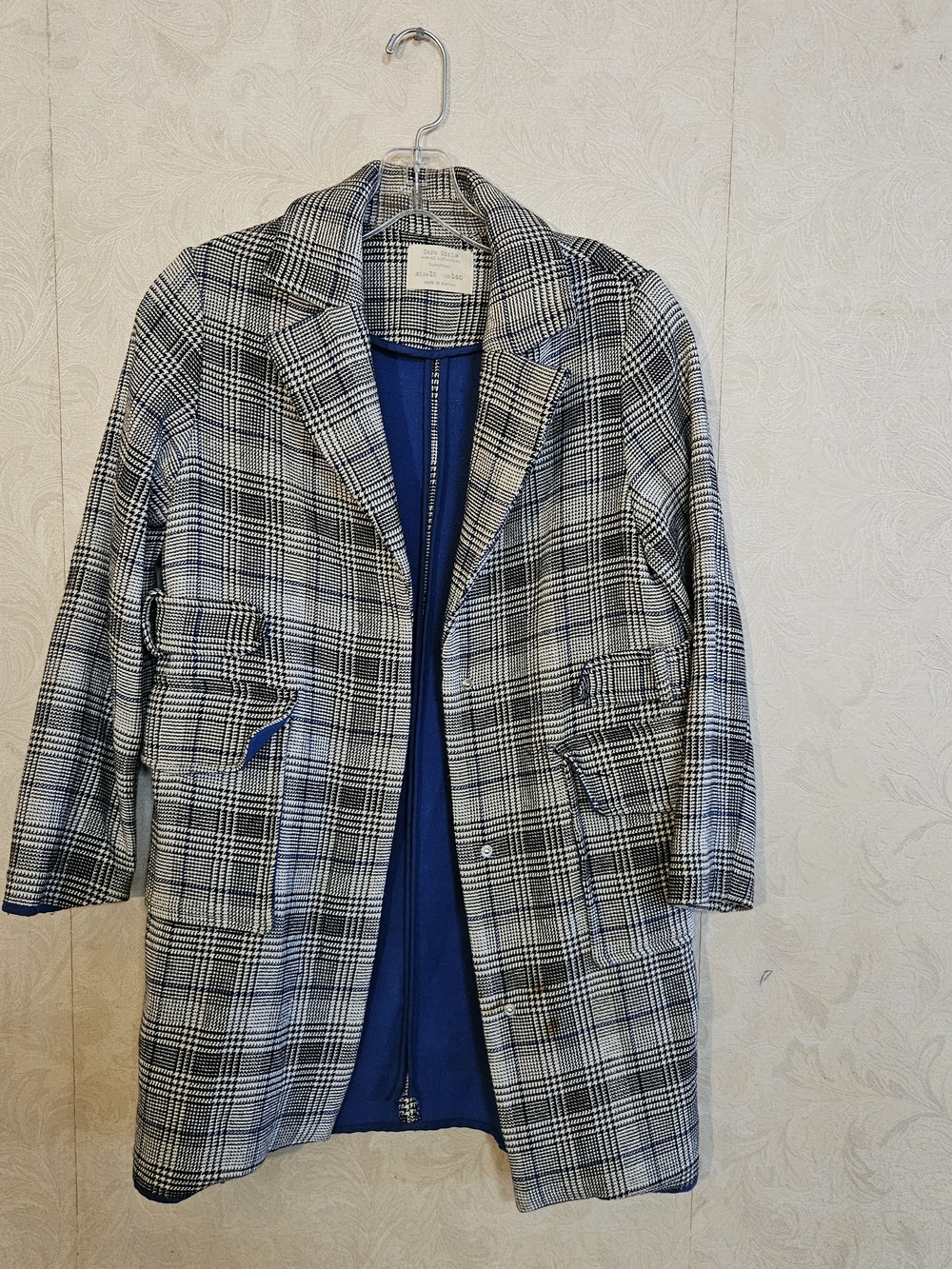 Zara Black & White Plaid Kids Coat with Blue Lining